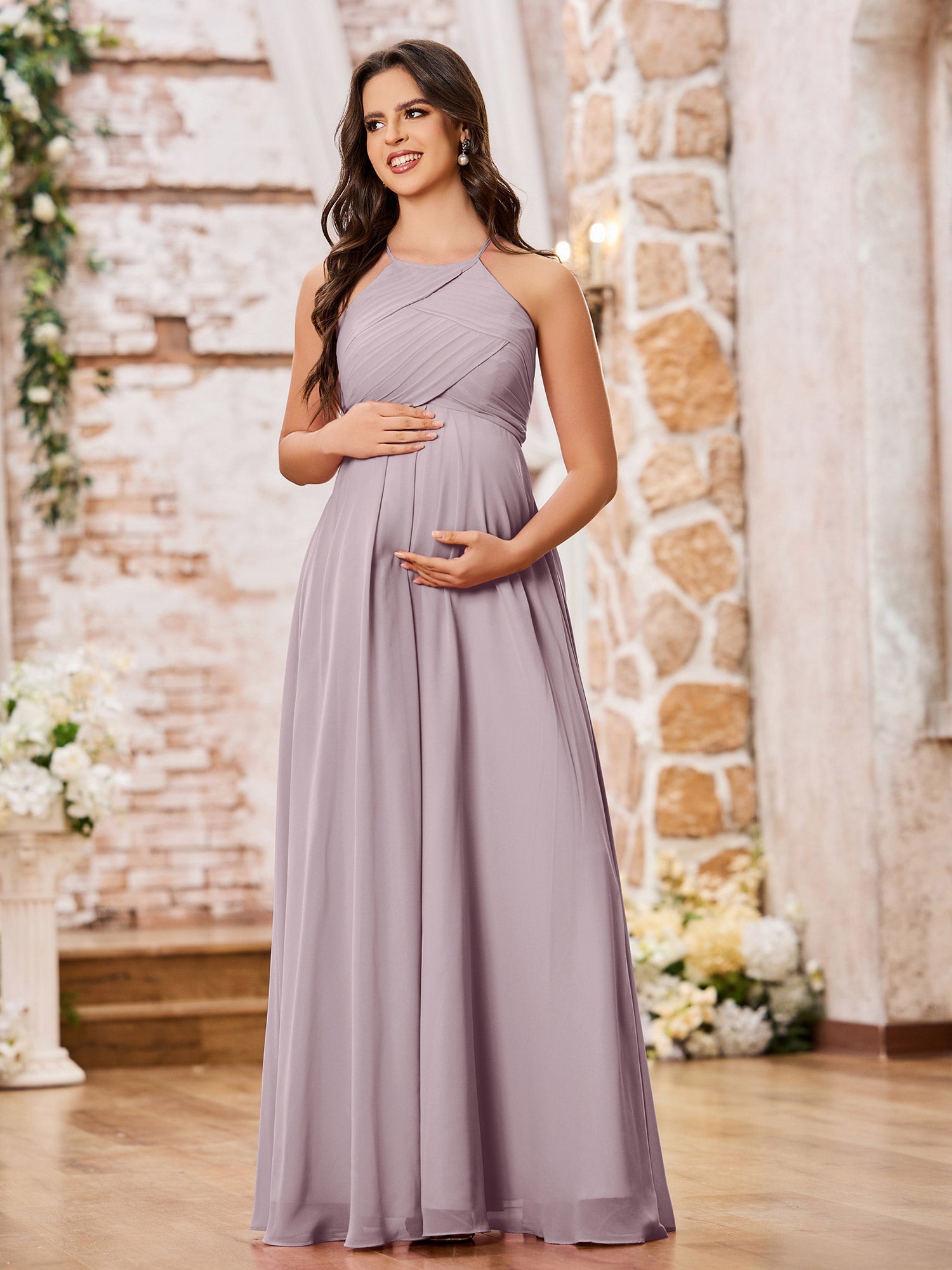Stunning A-line Halter Empire Floor Length Chiffon Bridesmaid Gowns Dusk